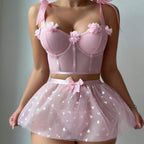 Sexy 3D Flower Bow Tie Sequin Mesh Skirt Lingerie Set