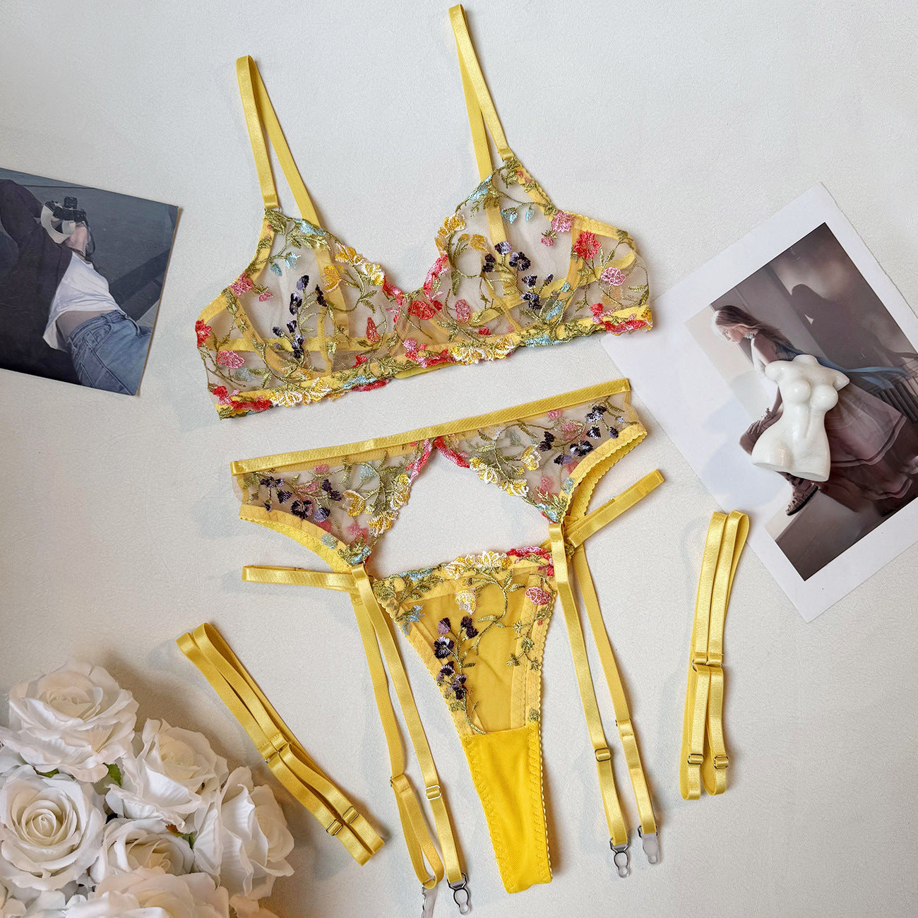 Transparent Floral Embroidered Lingerie Set - Exquisite and Sexy Underwear