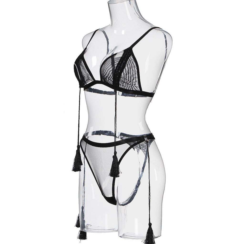 Mesh sexy neck tie and body shaping lingerie two-piece set