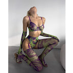 Erotic Lingerie Set with Gloves and Socks - Sexy Underwear with Lace and Printed Fabric