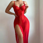 Lace hollow sleepwear jumpsuit with transparent mesh lingerie set