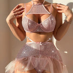 Shiny Sequin Nightclub Wear Bow Sequin Strapless Sexy Mesh Lingerie