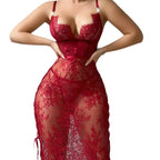 Lace Hollow-out Red Sexy Chest-exposing Bodycon Lingerie Dress