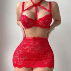 Floral Lace Bow Halter Strapless with Net Stockings Lingerie Set