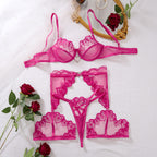 Love embroidery perspective mesh sexy lingerie thong set