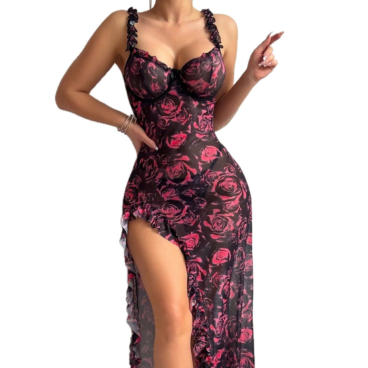 Floral Print Strapless Slit Dress with Lingerie Style