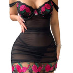 Sexy Mesh Embroidered Transparent Pearl One-Shoulder Lingerie Set