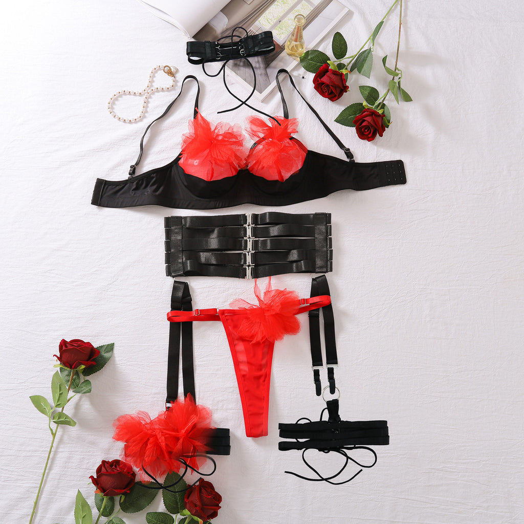 Hollow out splicing contrasting color lingerie and underwear five piece set