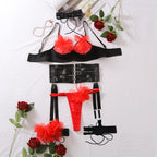 Hollow out splicing contrasting color lingerie and underwear five piece set