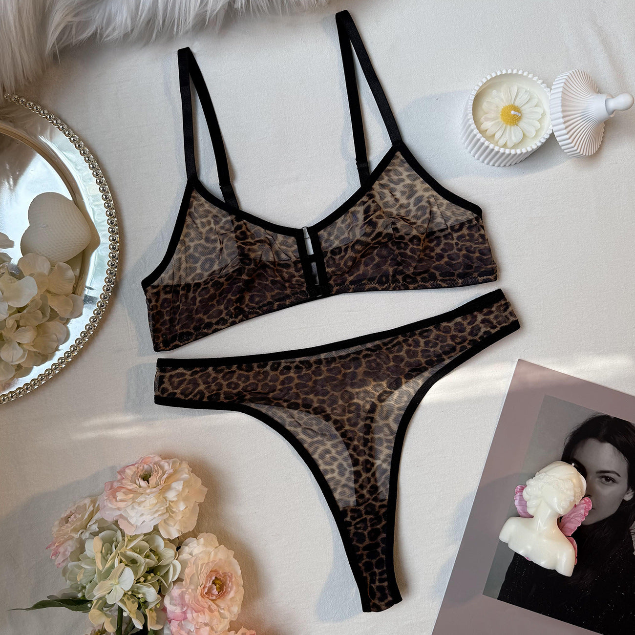 Sexy Lingerie Set -  Leopard Print Erotic French Bra Ultra-thin Mesh Underwear