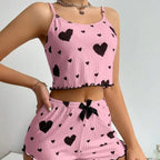 Sexy Lingerie Set with Heart Print Sweet Strap Nightwear Suit
