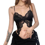 Pure and Sexy Lace Butterfly Tail Slit Boned Lingerie Camisole Low-Cut Thin Strap Top