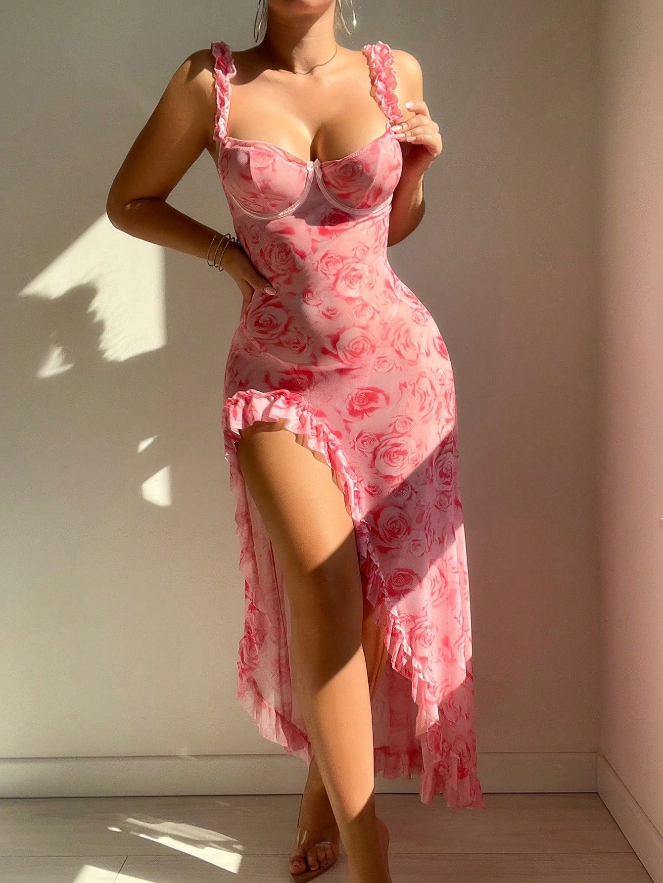 Floral Print Strapless Slit Dress with Lingerie Style