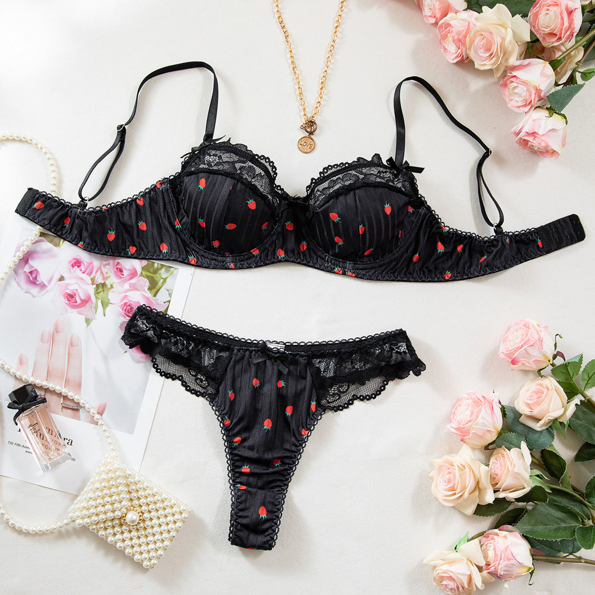 Lace Trim Tempting Lingerie Women's Thin Floral Print Gathered Anti-Sagging Sexy Bra Set