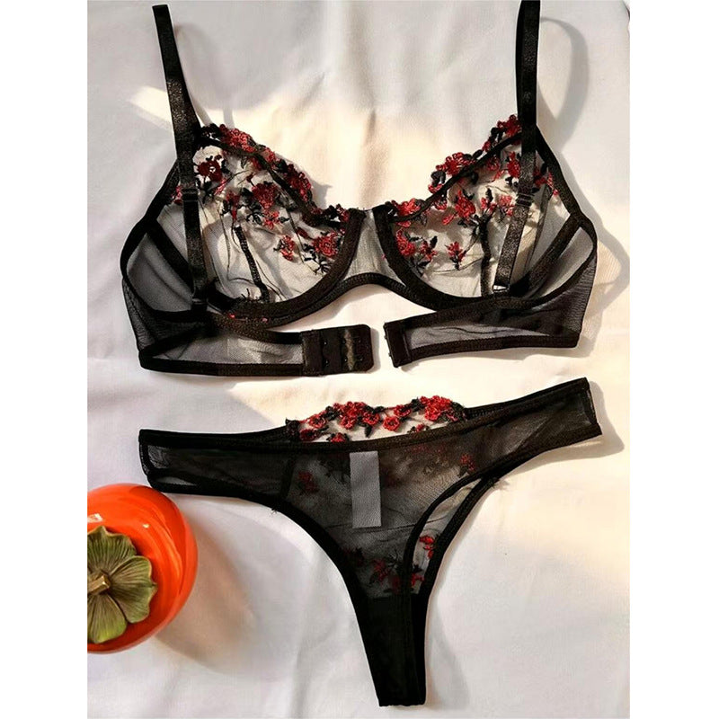 Women's Intimates Sweet and Sexy Low Waist Floral Embroidery Mesh Transparent Lingerie Two-Piece Set