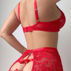 Floral Lace Bow Halter Strapless with Net Stockings Lingerie Set