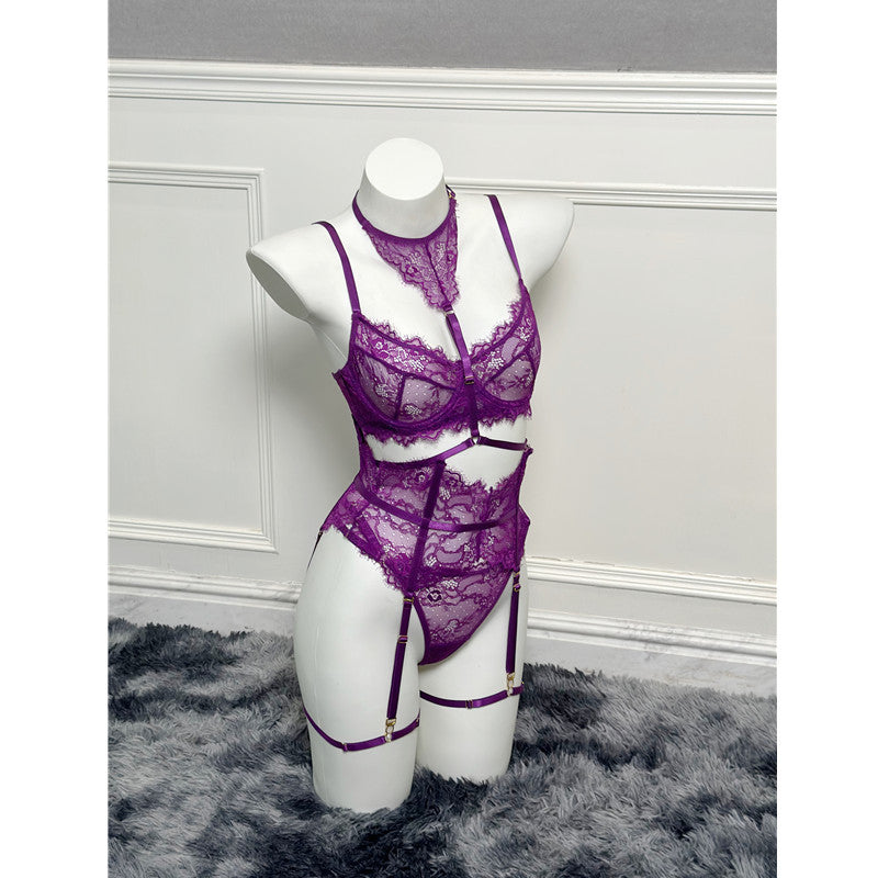 Purple Sexy Lingerie Halter Lace Trim Bra Set with Push-Up Effect