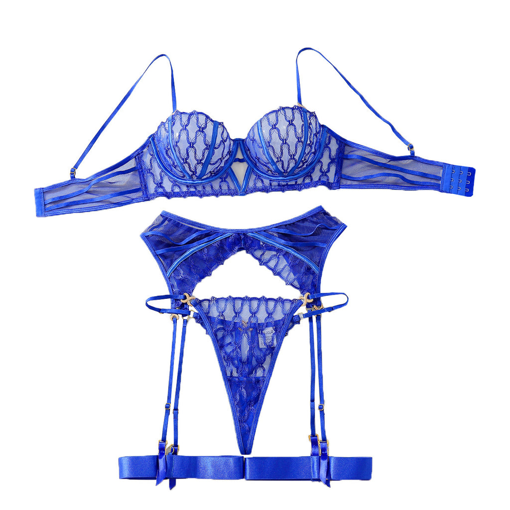 Blue embroidery gathered perspective slim fit sexy lingerie split set