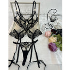 Sexy Lingerie Set - Sheer Mesh and Lace Bra, Panties, and Garter Belt Three-Piece Suit