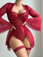 Lace One-Piece Sleepwear Flare Sleeve Sexy Belted Lingerie Set with Stockings for Women