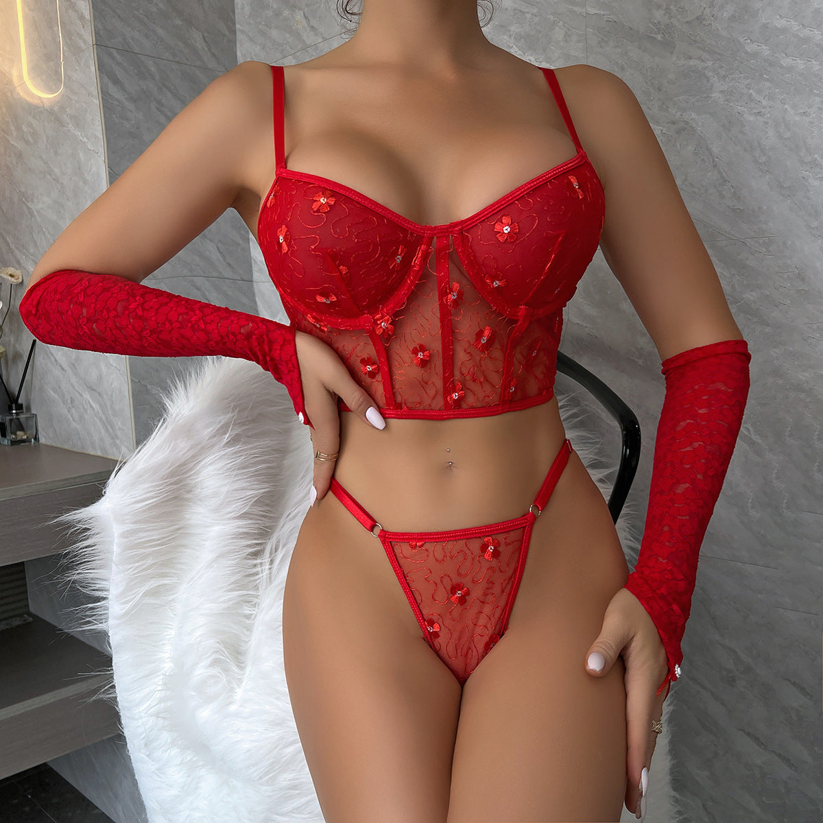Sexy Sequined Two-Piece Set Red Suit Lingerie for Valentine's Day