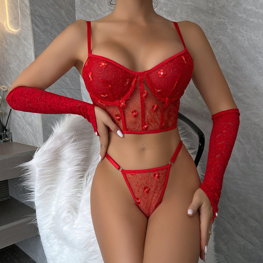 Sexy Sequined Two-Piece Set Red Suit Lingerie for Valentine's Day