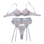 Embroidered mesh splicing sexy lingerie three piece set with steel ring