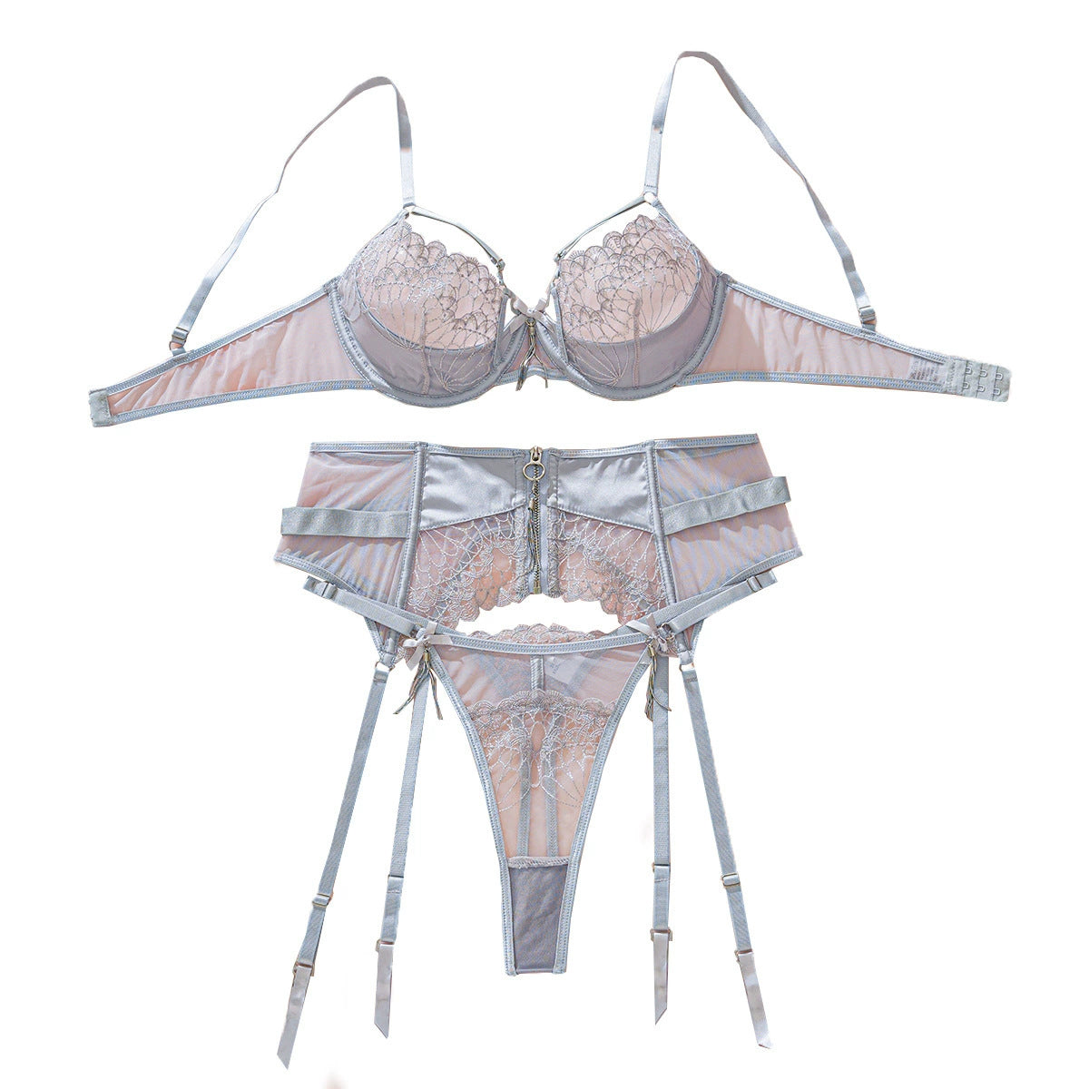 Embroidered mesh splicing sexy lingerie three piece set with steel ring
