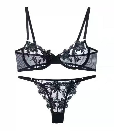 Sexy lingerie embroidery flower women's perspective mesh bra sexy bra underwear set