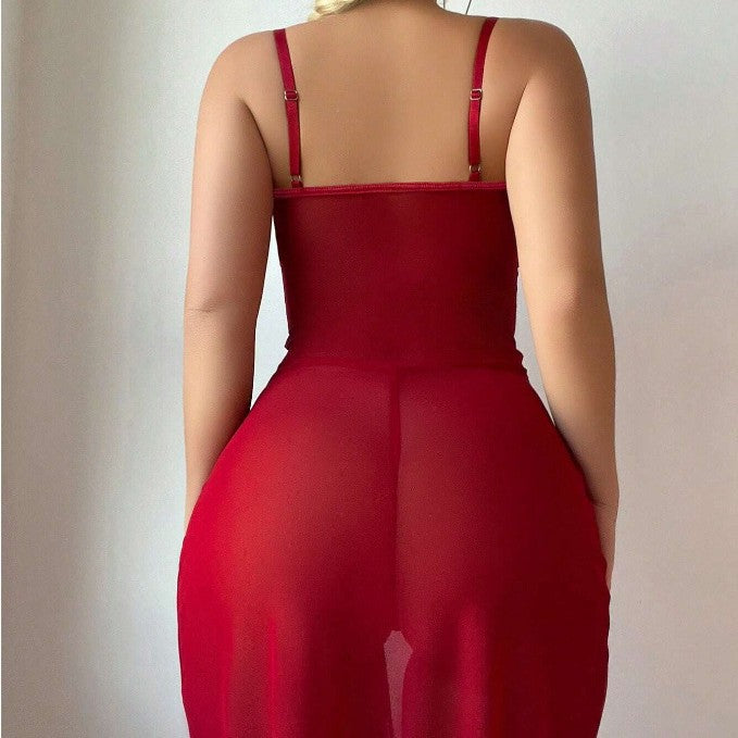 Lace hollow sleepwear jumpsuit with transparent mesh lingerie set