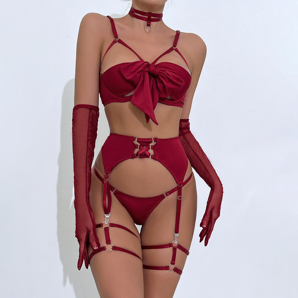Wholesale Sexy Lingerie Set with Garter Belt Hollow Out Push-Up Four-Piece Set for Women