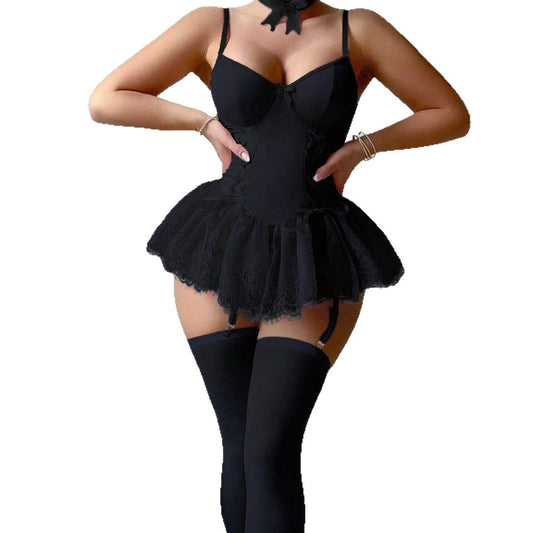 Retro Pure Temptation Sexy Deep V-Neck Lace Trim One-Piece Dress Lingerie