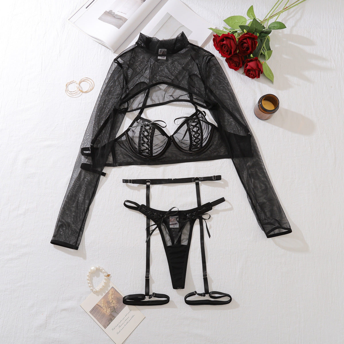 Mesh see through transparent hollow sexy lingerie set