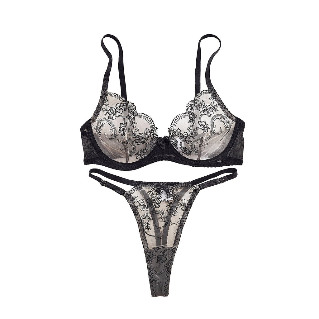 Flower embroidery steel ring gathering perspective lingerie two-piece set