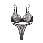 Flower embroidery steel ring gathering perspective lingerie two-piece set