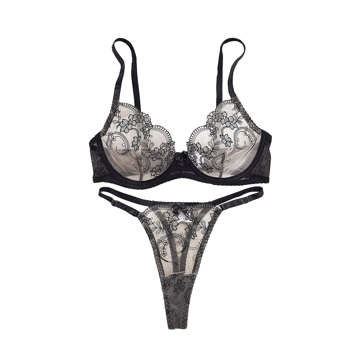 Flower embroidery steel ring gathering perspective lingerie two-piece set