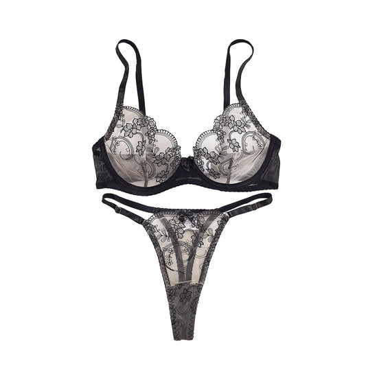 Flower embroidery steel ring gathering perspective lingerie two-piece set