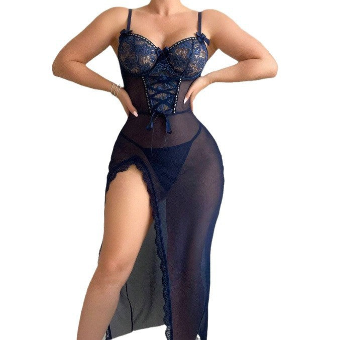 Lace hollow sleepwear jumpsuit with transparent mesh lingerie set