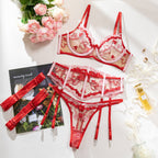 Sexy Cupid Contrast Heart Embroidery Mesh Boned Waist Bow Women's Lingerie