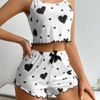 Sexy Lingerie Set with Heart Print Sweet Strap Nightwear Suit