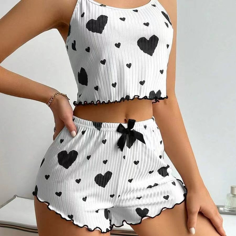 Sexy Lingerie Set with Heart Print Sweet Strap Nightwear Suit