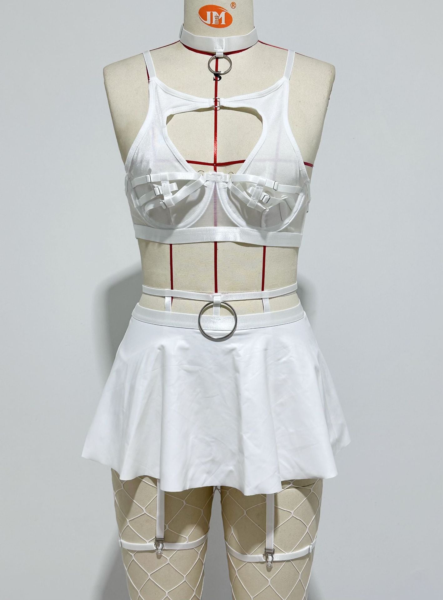 Lace Sexy Lingerie Set Bra Set Solid Color Leather Skirt with Fishnet Stockings Women's