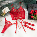 Summer Red Floral Embroidery Sexy Lingerie Push-up Comfortable Adjustable Straps Luxury Two-piece Set