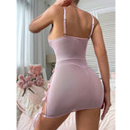 Sensual Transparent Lace Splicing Lingerie with Thong and Thin Sleepwear Bow Backless Skirt Set