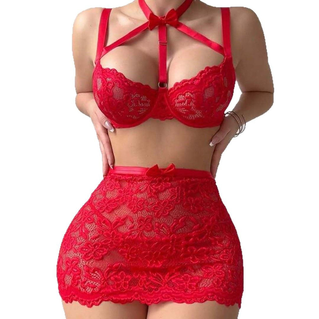Floral Lace Bow Halter Strapless with Net Stockings Lingerie Set