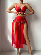 Hollow metal chain red sexy lingerie set for women