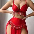Hollow metal chain red sexy lingerie set for women