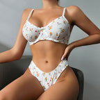 Sexy Lingerie Knit Set - Floral Print with Steel Ring Two-Piece Suit