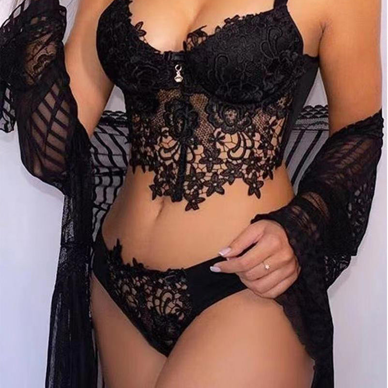 Cross-border Sexy Lingerie Seductive Three-piece Transparent Backless Lace Trim Tempting Sleepwear Two-piece Set