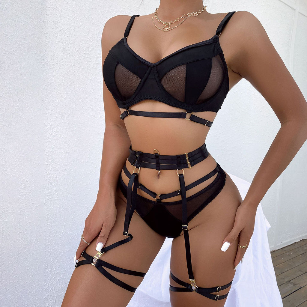Spring and Summer Fashion Lace Complex Craft Gathered Hollow-out Mesh Sexy Lingerie Four-piece Set for Women